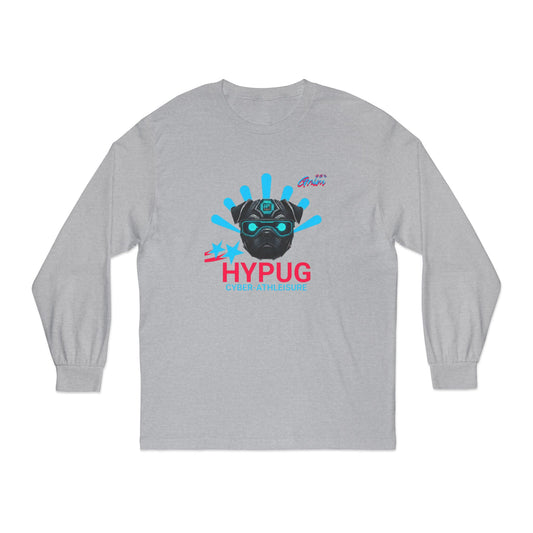 Hypug Cyber Pug Long Sleeve Tee — Retro Futuristic 'HYPUG' Graphic Shirt Athletic Heather