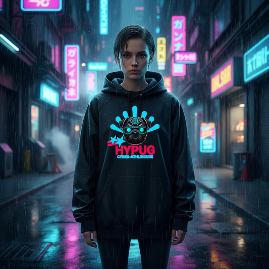 Nighttime street photography of a figure in a neon-lit alley wearing a HYPUG tactical hoodie.