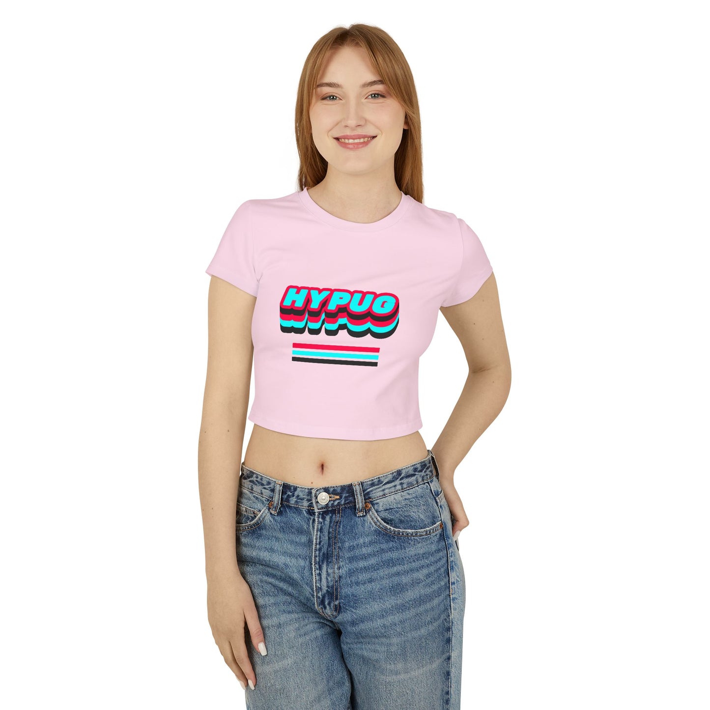 Hypug Women's Baby Tee — Retro 3D 'HYPUG' Graphic with Neon Paw Prints