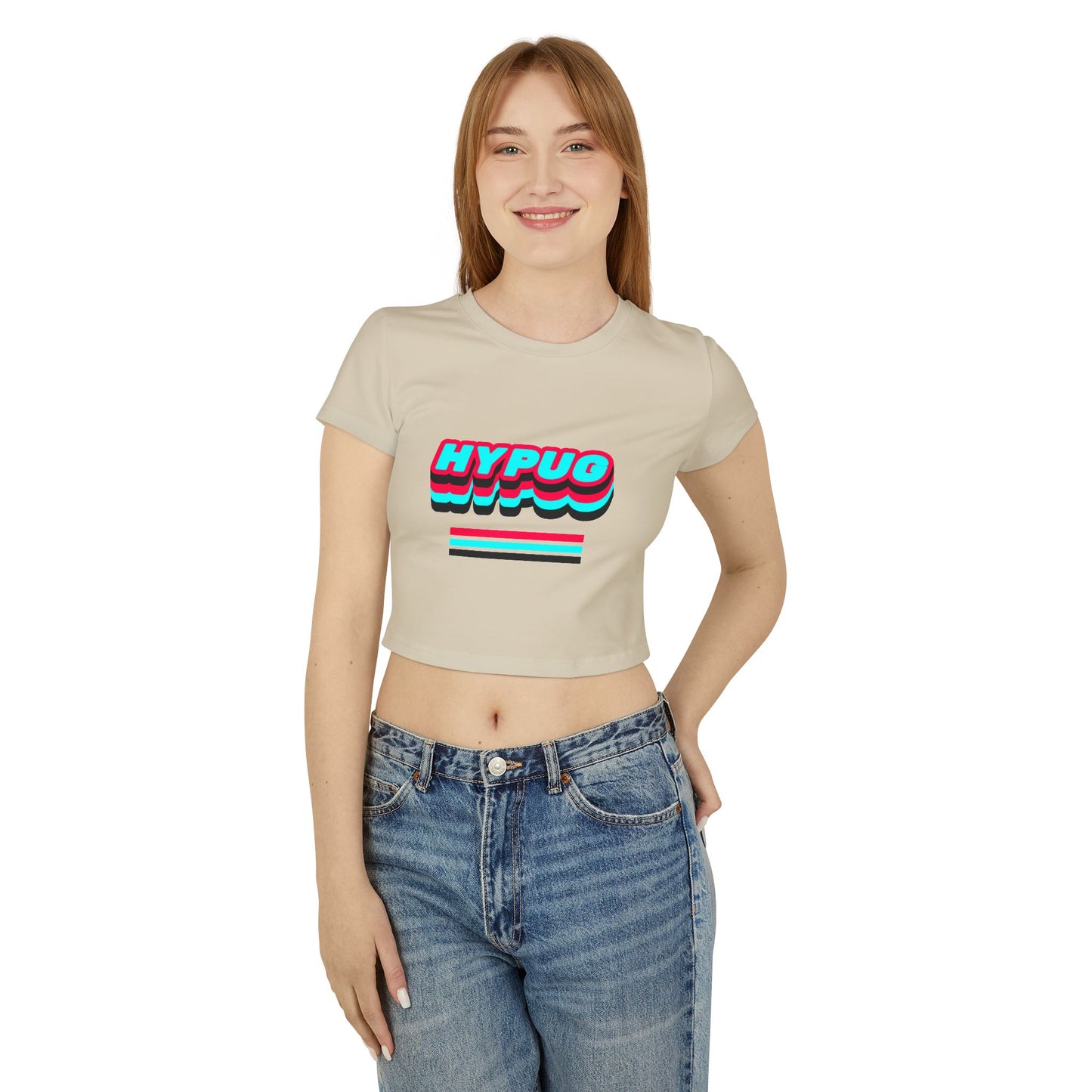 Hypug Women's Baby Tee — Retro 3D 'HYPUG' Graphic with Neon Paw Prints