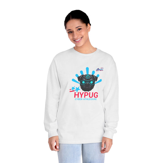 Hypug Cyber Pug Long Sleeve Tee — Retro Futuristic 'HYPUG' Graphic Shirt White