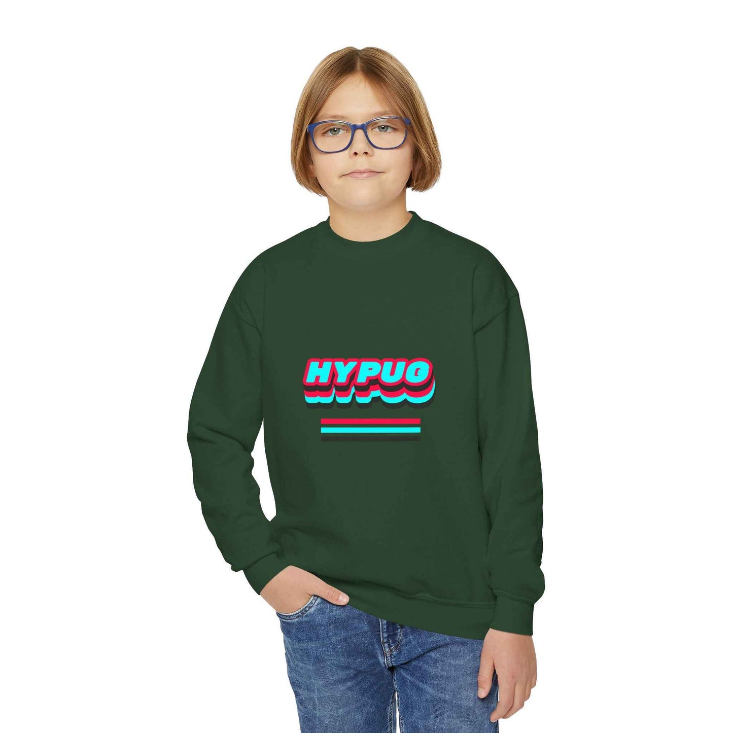 Hypug Youth Crewneck Sweatshirt — Retro "HYPUO" Graphic with Paw Print Accents