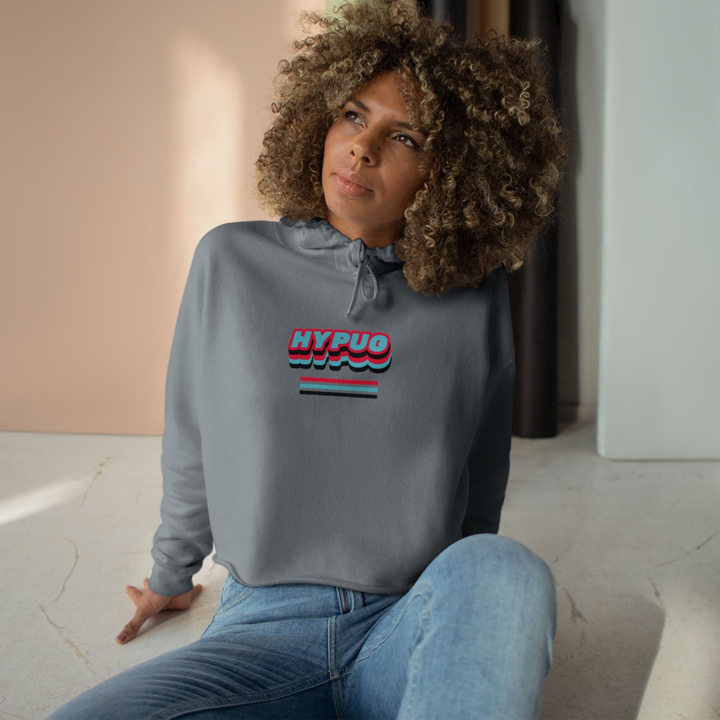 Cropped Hoodie — Retro 'HYPUG' Chest Logo & Paw Print Back Graphic
