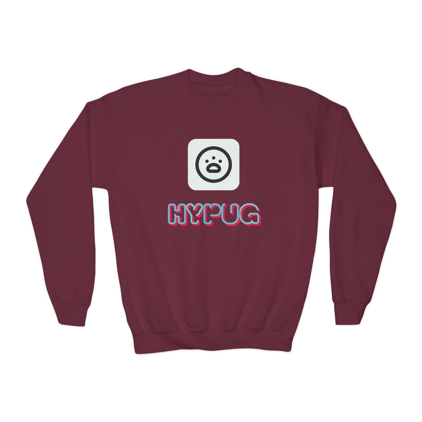 Youth Crewneck Sweatshirt — Cute Dog “HYPUG” Front Logo & Big Dog Back Graphic