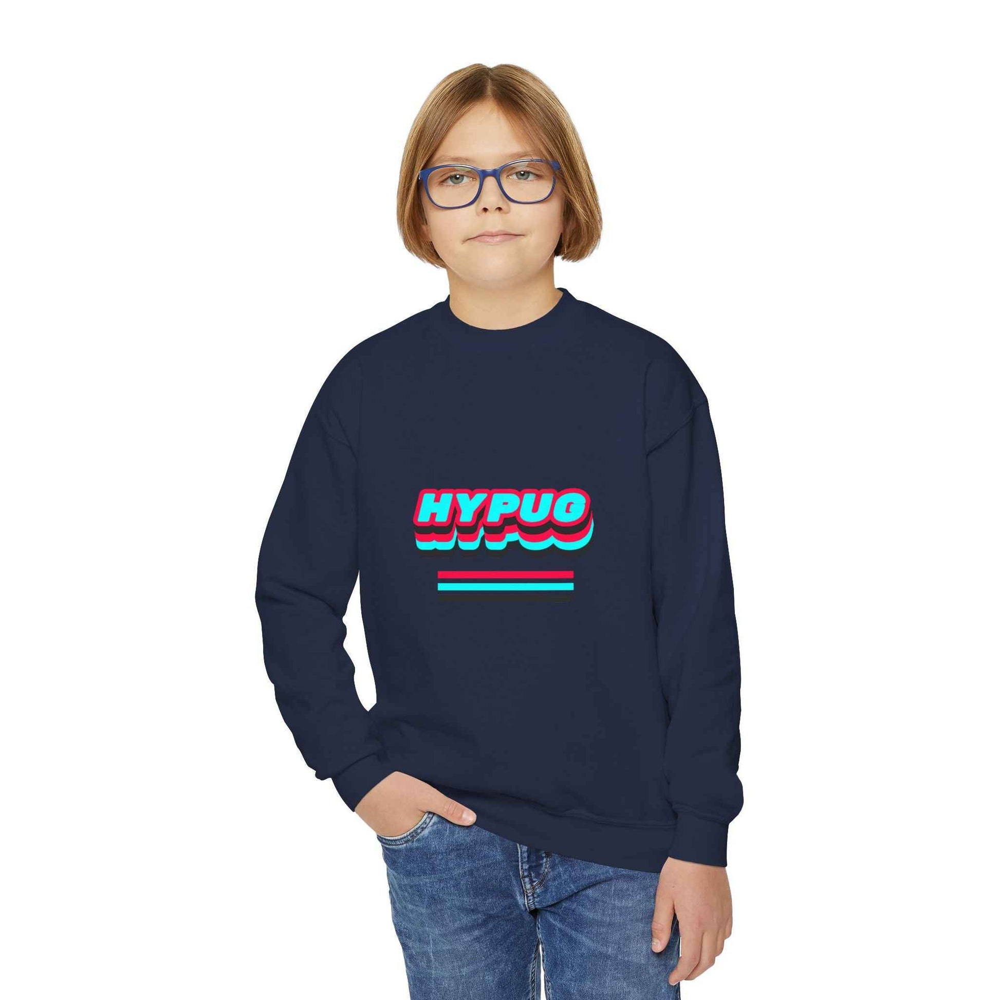 Hypug Youth Crewneck Sweatshirt — Retro "HYPUO" Graphic with Paw Print Accents