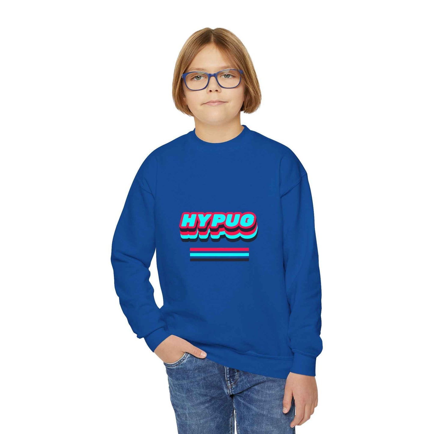 Hypug Youth Crewneck Sweatshirt — Retro "HYPUO" Graphic with Paw Print Accents