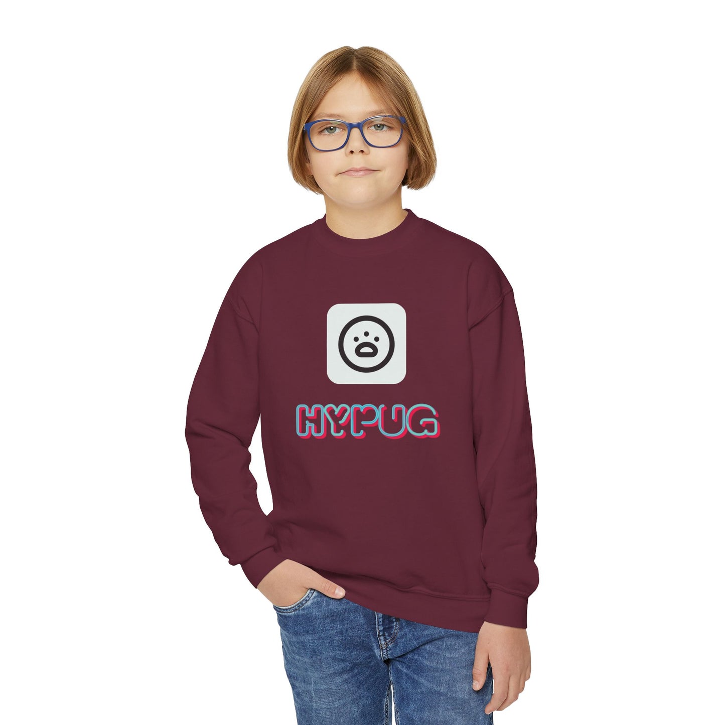 Youth Crewneck Sweatshirt — Cute Dog “HYPUG” Front Logo & Big Dog Back Graphic