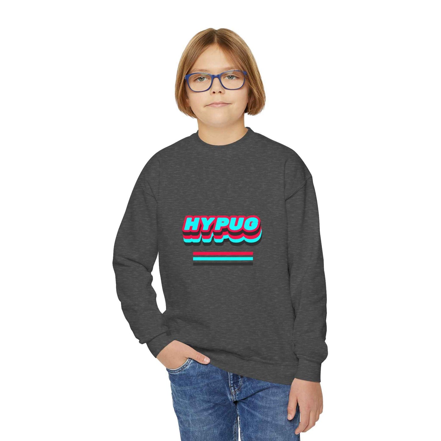 Hypug Youth Crewneck Sweatshirt — Retro "HYPUO" Graphic with Paw Print Accents