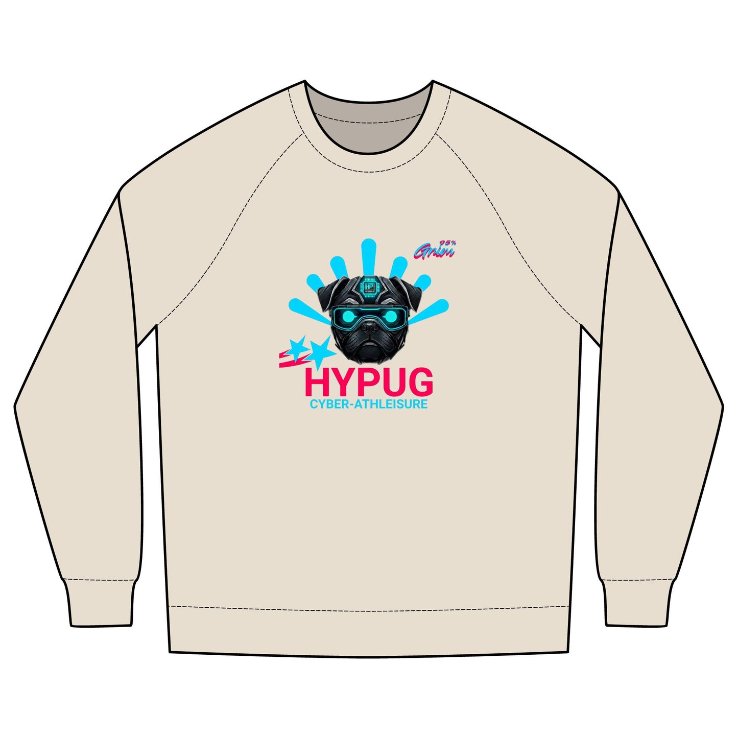 Hypug Cyber-Pug Crewneck Sweatshirt — “HYPUG” Retro Futuristic Graphic L Ecru