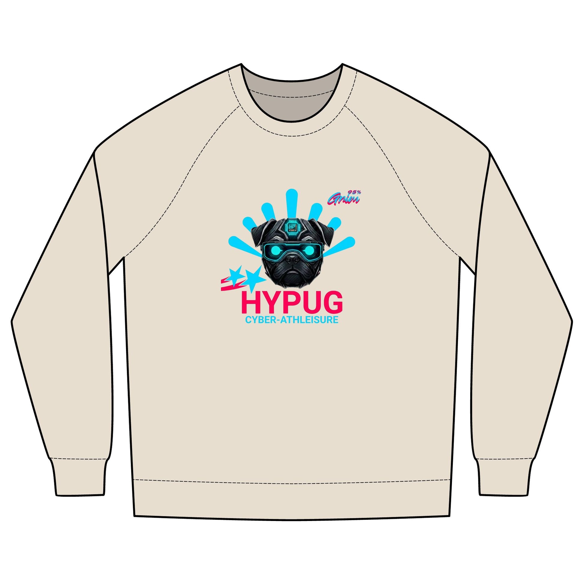 Hypug Cyber-Pug Crewneck Sweatshirt — “HYPUG” Retro Futuristic Graphic L Ecru