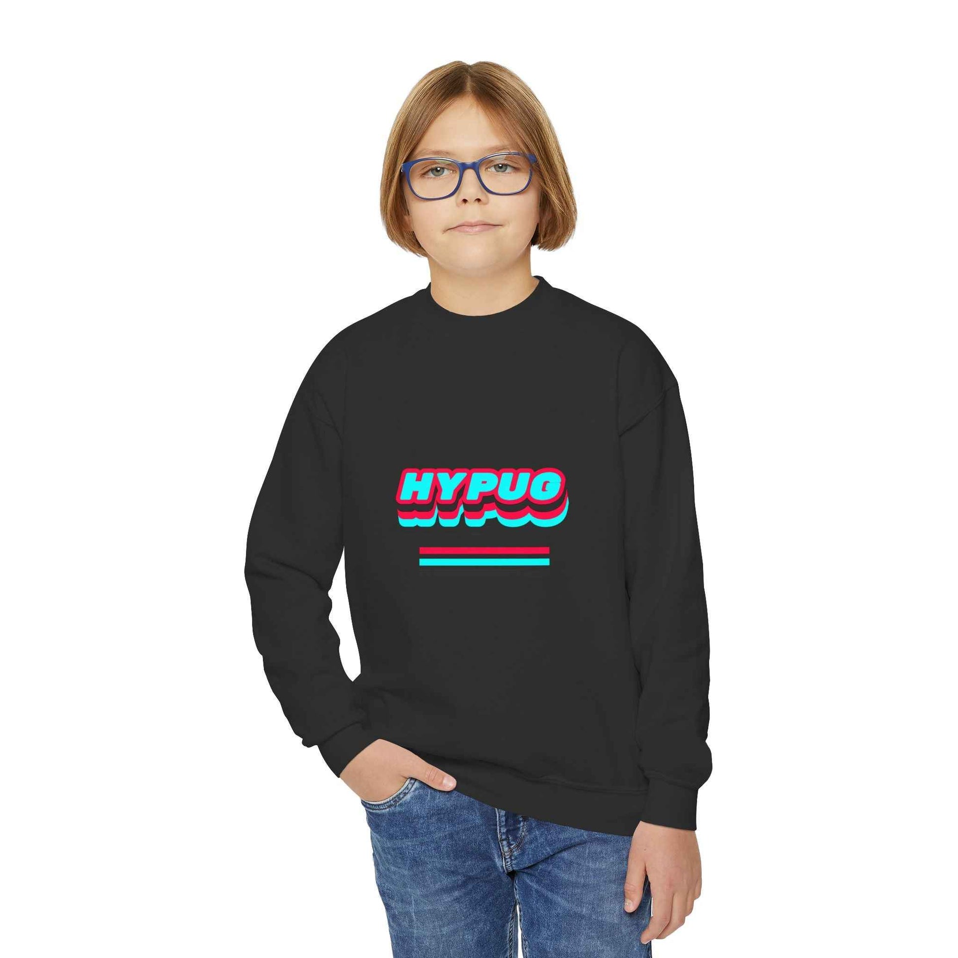 Hypug Youth Crewneck Sweatshirt — Retro "HYPUO" Graphic with Paw Print Accents