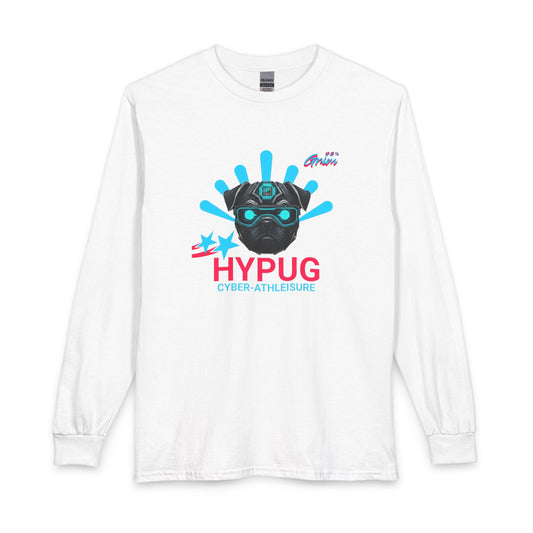 HYPUG Cyber-pug Athleisure Long Sleeve Tee — Futuristic Pug Graphic White