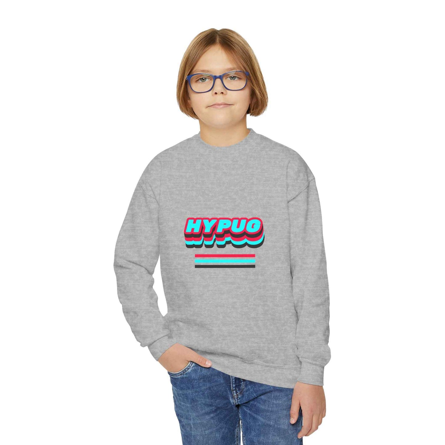 Hypug Youth Crewneck Sweatshirt — Retro "HYPUO" Graphic with Paw Print Accents